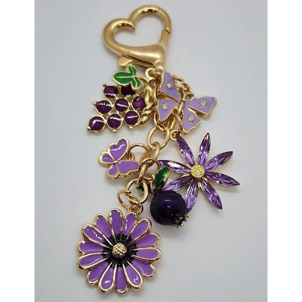 Purple Flowers & Fruits Bag Charm Keychain Grapes Pomegranate Faux Jewels Enamel